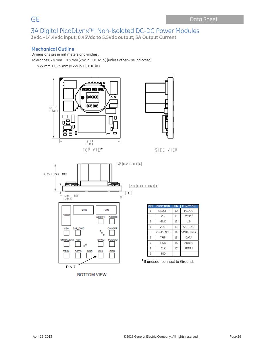 3a digital picodlynx, Non-isolated dc-dc power modules, Data sheet | Mechanical outline | GE Industrial Solutions 3A Digital PicoDLynx User Manual | Page 36 / 40
