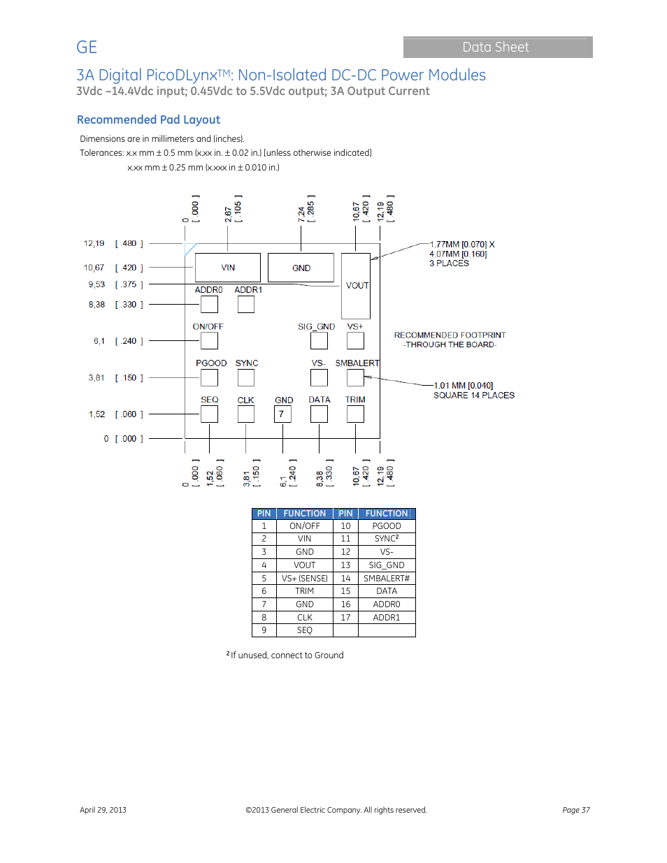 3a digital picodlynx, Non-isolated dc-dc power modules, Data sheet | GE Industrial Solutions 3A Digital PicoDLynx User Manual | Page 37 / 40