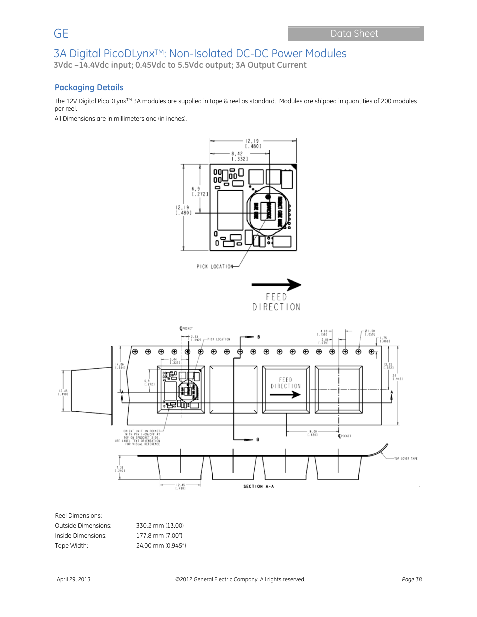 3a digital picodlynx, Non-isolated dc-dc power modules, Data sheet | GE Industrial Solutions 3A Digital PicoDLynx User Manual | Page 38 / 40