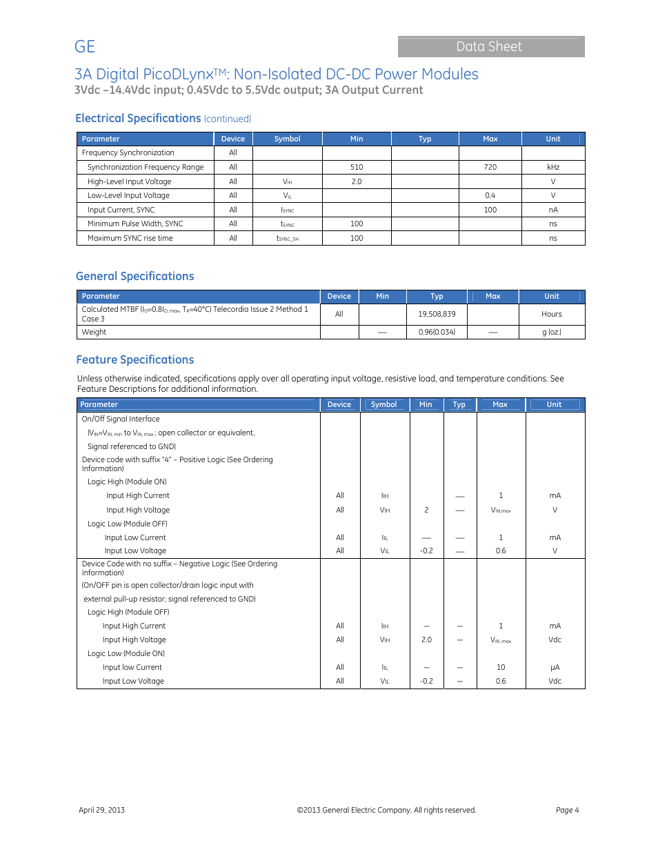 3a digital picodlynx, Non-isolated dc-dc power modules, Data sheet | Electrical specifications, General specifications, Feature specifications | GE Industrial Solutions 3A Digital PicoDLynx User Manual | Page 4 / 40