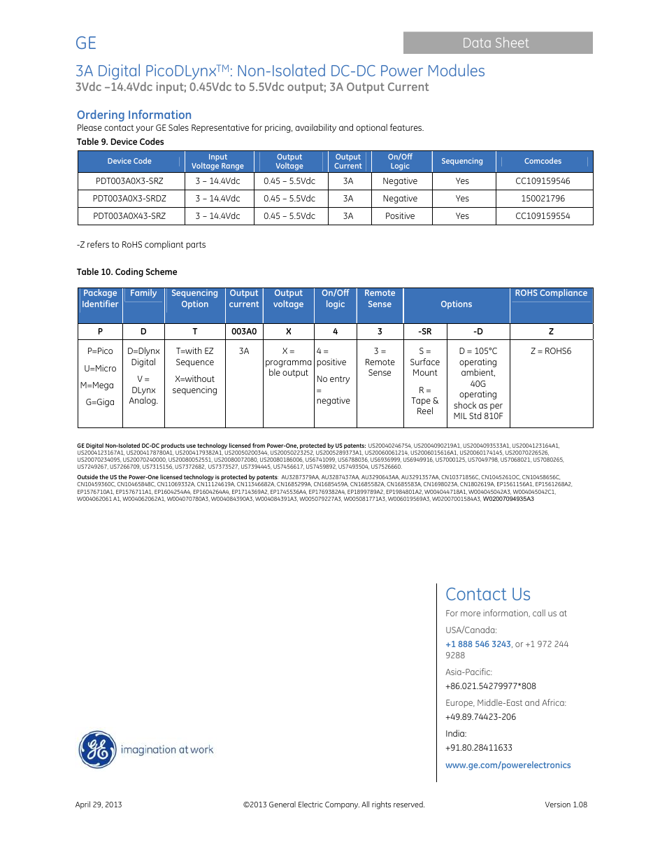 Contact us, 3a digital picodlynx, Non-isolated dc-dc power modules | Data sheet, Ordering information | GE Industrial Solutions 3A Digital PicoDLynx User Manual | Page 40 / 40