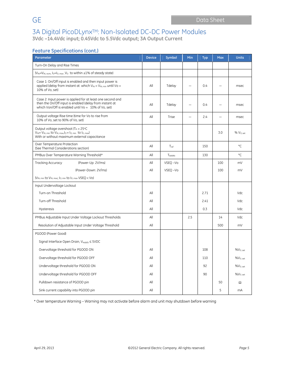 3a digital picodlynx, Non-isolated dc-dc power modules, Data sheet | Feature specifications (cont.) | GE Industrial Solutions 3A Digital PicoDLynx User Manual | Page 5 / 40