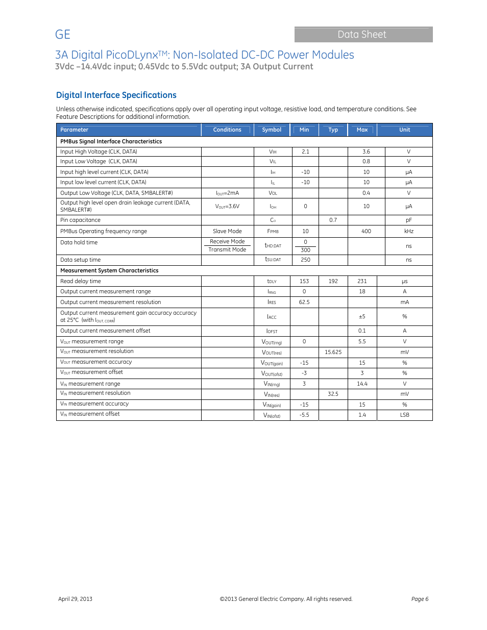 3a digital picodlynx, Non-isolated dc-dc power modules, Data sheet | Digital interface specifications | GE Industrial Solutions 3A Digital PicoDLynx User Manual | Page 6 / 40