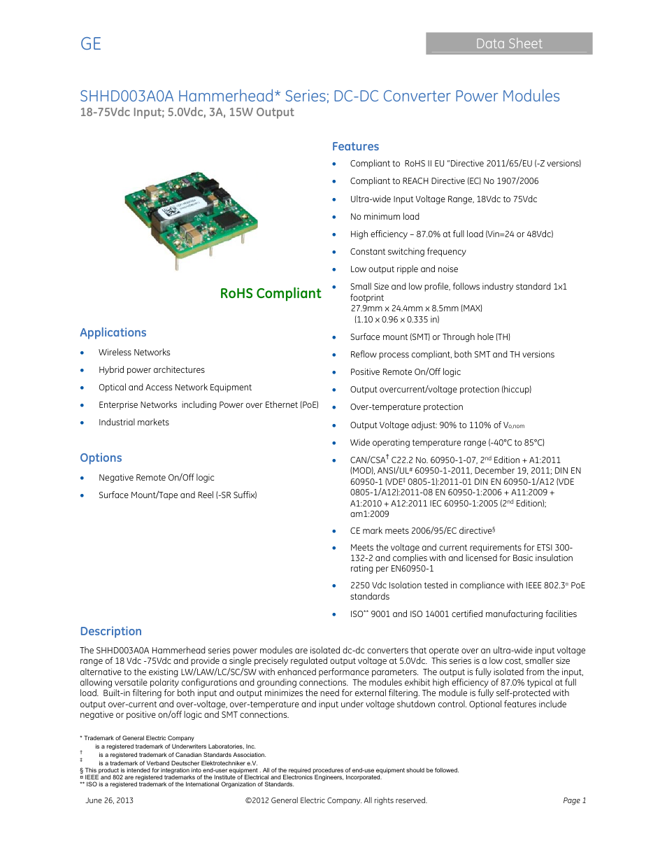 GE Industrial Solutions SHHD003A0A Hammerhead Series User Manual | 16 pages