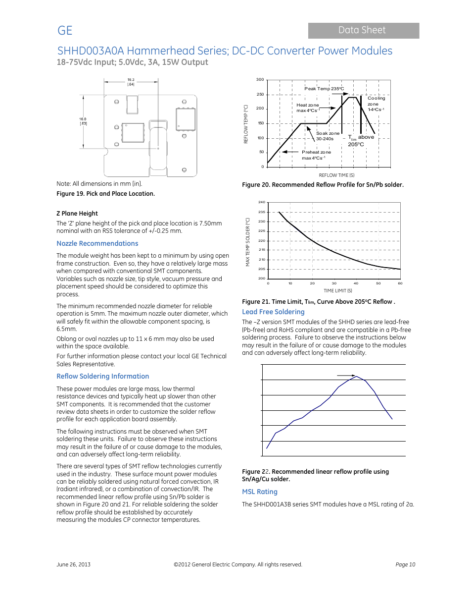 Data sheet, Nozzle recommendations, Reflow soldering information | Lead free soldering, Msl rating | GE Industrial Solutions SHHD003A0A Hammerhead Series User Manual | Page 10 / 16