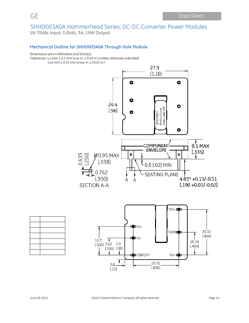 Data sheet | GE Industrial Solutions SHHD003A0A Hammerhead Series User Manual | Page 14 / 16