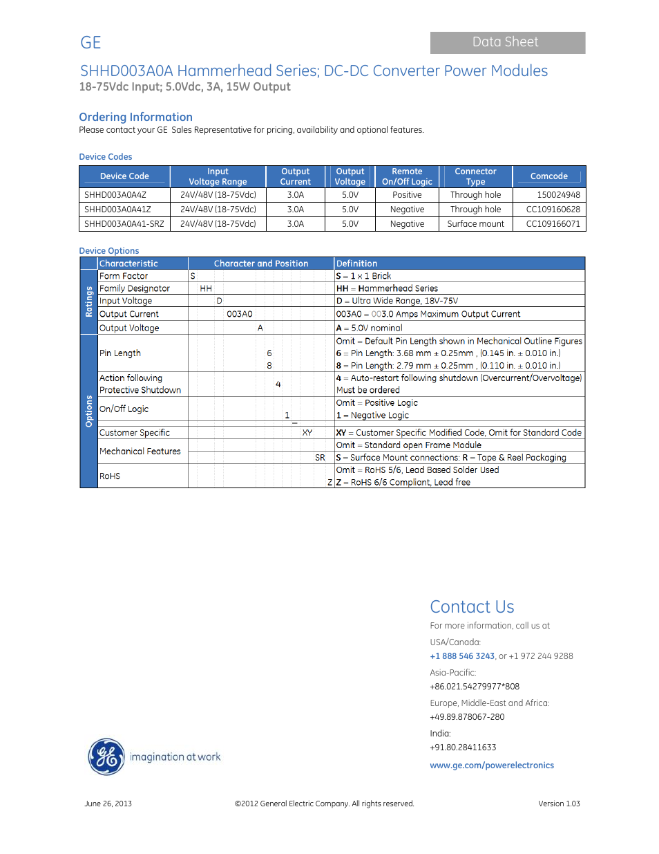 Contact us, Data sheet | GE Industrial Solutions SHHD003A0A Hammerhead Series User Manual | Page 15 / 16
