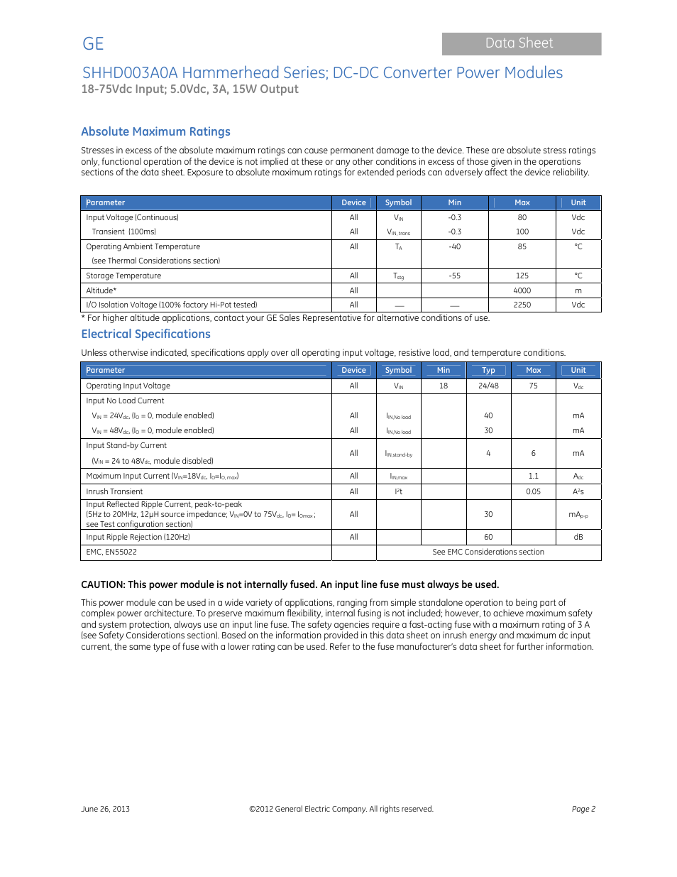 Data sheet, Absolute maximum ratings, Electrical specifications | GE Industrial Solutions SHHD003A0A Hammerhead Series User Manual | Page 2 / 16