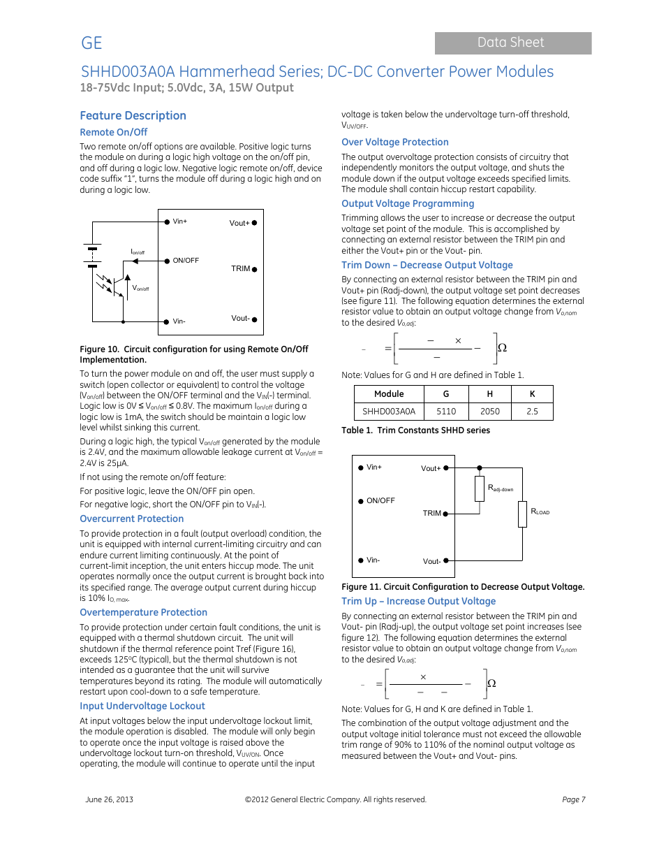 Data sheet, Feature description | GE Industrial Solutions SHHD003A0A Hammerhead Series User Manual | Page 7 / 16