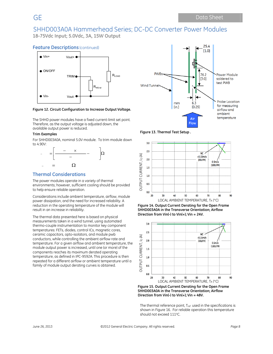 Data sheet, Feature descriptions, Thermal considerations | GE Industrial Solutions SHHD003A0A Hammerhead Series User Manual | Page 8 / 16