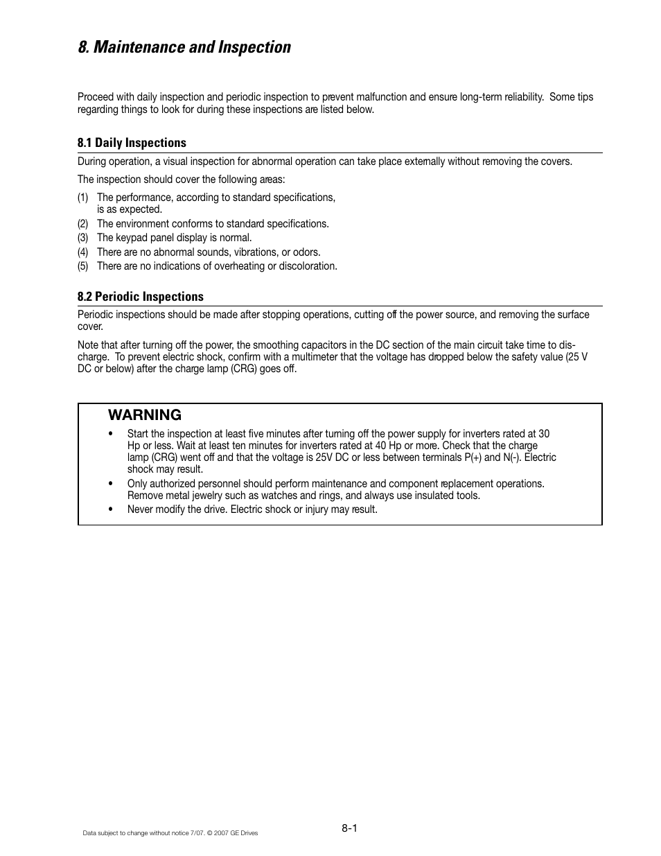 Maintenance and inspection, 1 daily inspections, 2 periodic inspections | Warning | GE Industrial Solutions AF-300 P11 User Manual | Page 110 / 154