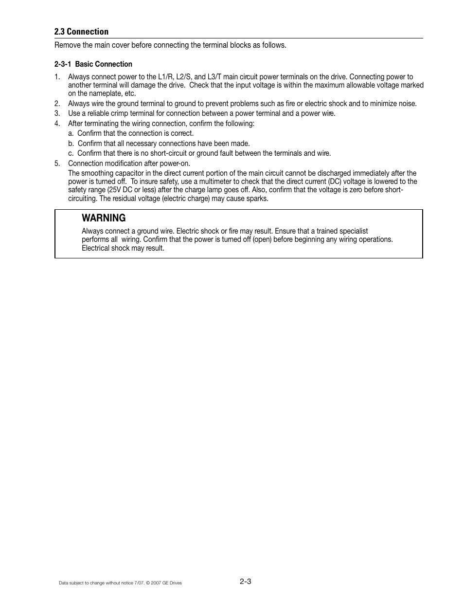 3 connection, Warning | GE Industrial Solutions AF-300 P11 User Manual | Page 20 / 154