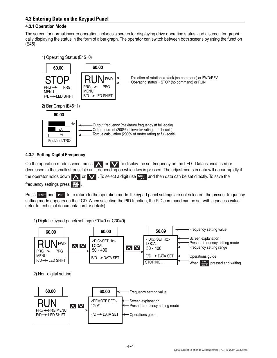 3 entering data on the keypad panel, 1 operation mode, 2 setting digital frequency | Stop | GE Industrial Solutions AF-300 P11 User Manual | Page 41 / 154