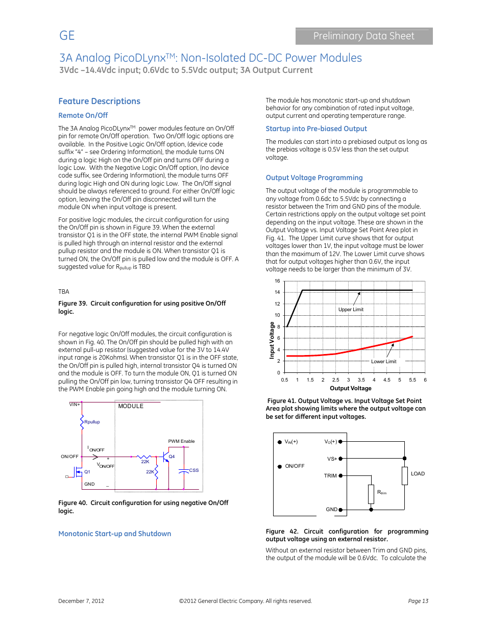 3a analog picodlynx, Non-isolated dc-dc power modules, Preliminary data sheet | Feature descriptions | GE Industrial Solutions 3A Analog PicoDLynx User Manual | Page 13 / 23