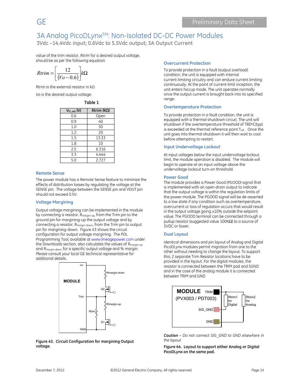 3a analog picodlynx, Non-isolated dc-dc power modules, Preliminary data sheet | Ω      − = k vo rtrim 6 . 0 12, Module | GE Industrial Solutions 3A Analog PicoDLynx User Manual | Page 14 / 23