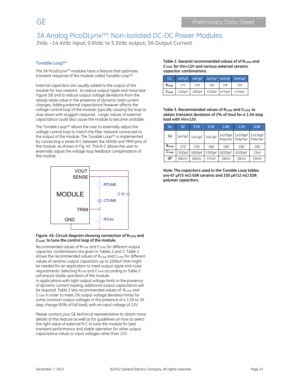 3a analog picodlynx, Non-isolated dc-dc power modules, Preliminary data sheet | Module | GE Industrial Solutions 3A Analog PicoDLynx User Manual | Page 15 / 23