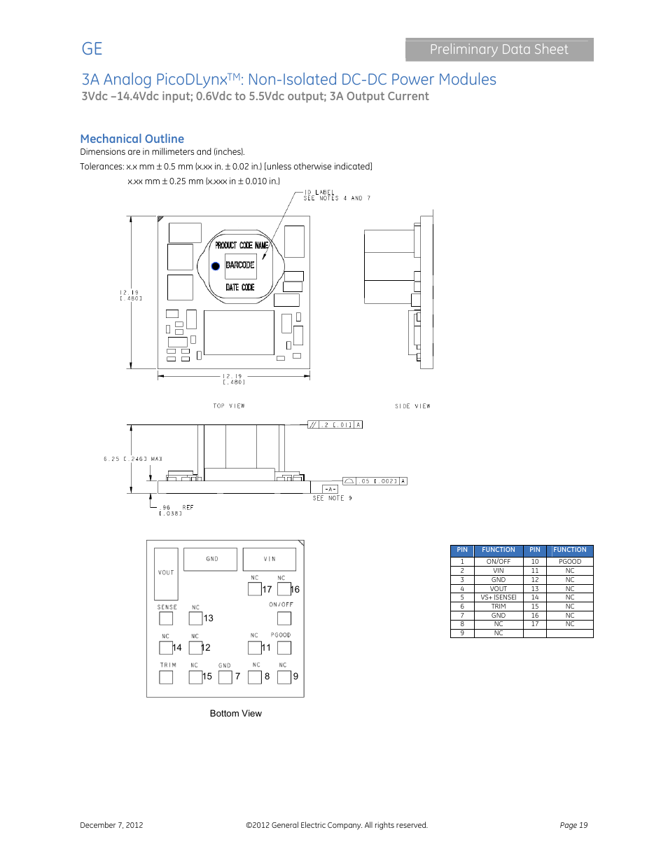 3a analog picodlynx, Non-isolated dc-dc power modules, Preliminary data sheet | GE Industrial Solutions 3A Analog PicoDLynx User Manual | Page 19 / 23