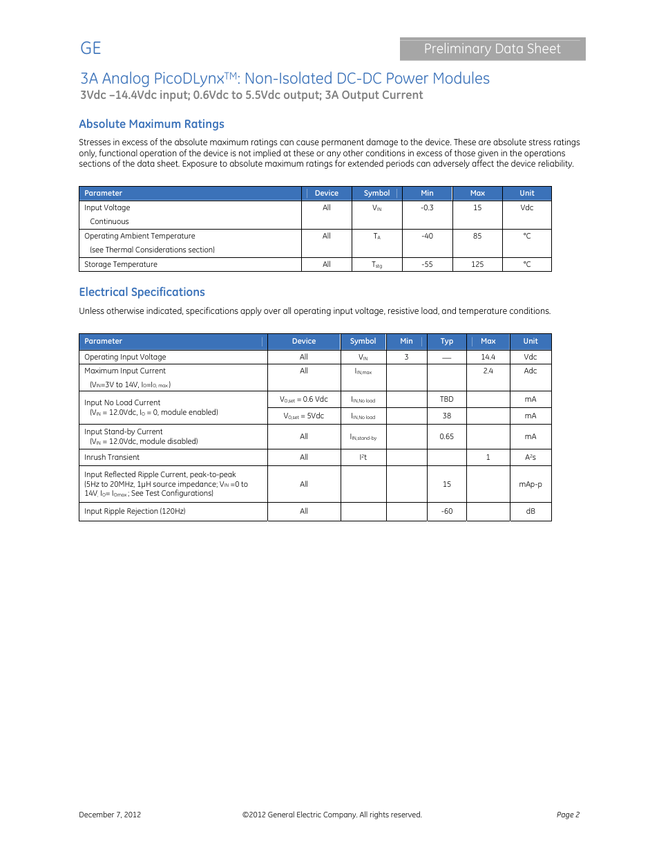3a analog picodlynx, Non-isolated dc-dc power modules, Preliminary data sheet | Absolute maximum ratings, Electrical specifications | GE Industrial Solutions 3A Analog PicoDLynx User Manual | Page 2 / 23