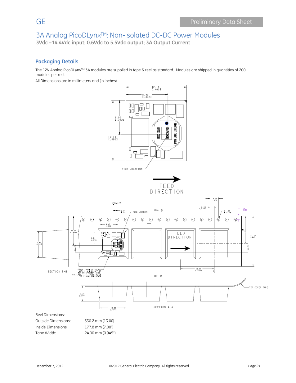 3a analog picodlynx, Non-isolated dc-dc power modules, Preliminary data sheet | GE Industrial Solutions 3A Analog PicoDLynx User Manual | Page 21 / 23