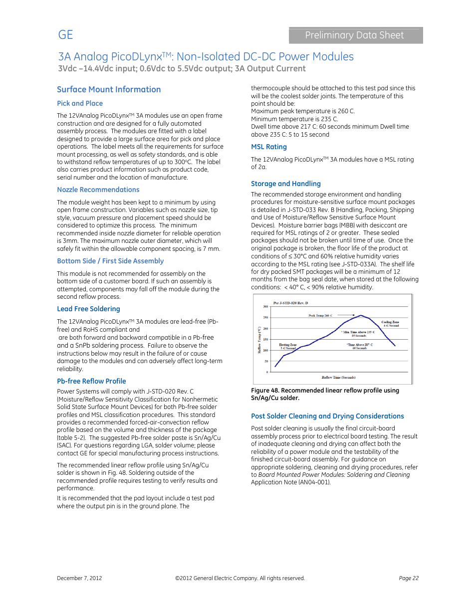 3a analog picodlynx, Non-isolated dc-dc power modules, Preliminary data sheet | GE Industrial Solutions 3A Analog PicoDLynx User Manual | Page 22 / 23