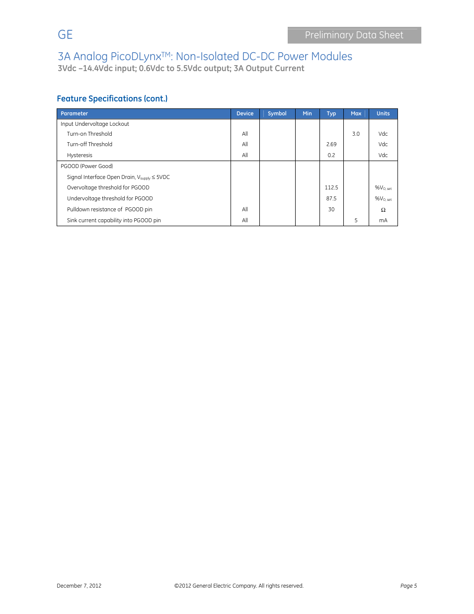 3a analog picodlynx, Non-isolated dc-dc power modules, Preliminary data sheet | Feature specifications (cont.) | GE Industrial Solutions 3A Analog PicoDLynx User Manual | Page 5 / 23