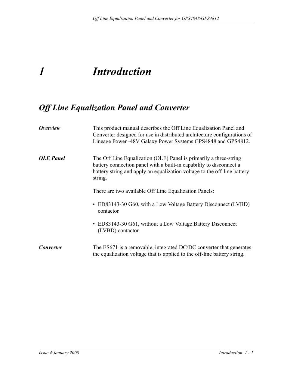 Off line equalization panel and converter, Overview, Ole panel | Converter, 1 introduction, 1introduction | GE Industrial Solutions Off Line Equalization (OLE) User Manual | Page 11 / 32