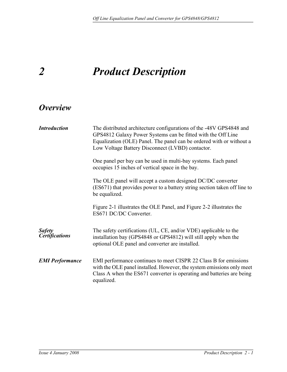 Overview, Introduction, Safety certifications | Emi performance, 2 product description, 2product description | GE Industrial Solutions Off Line Equalization (OLE) User Manual | Page 13 / 32