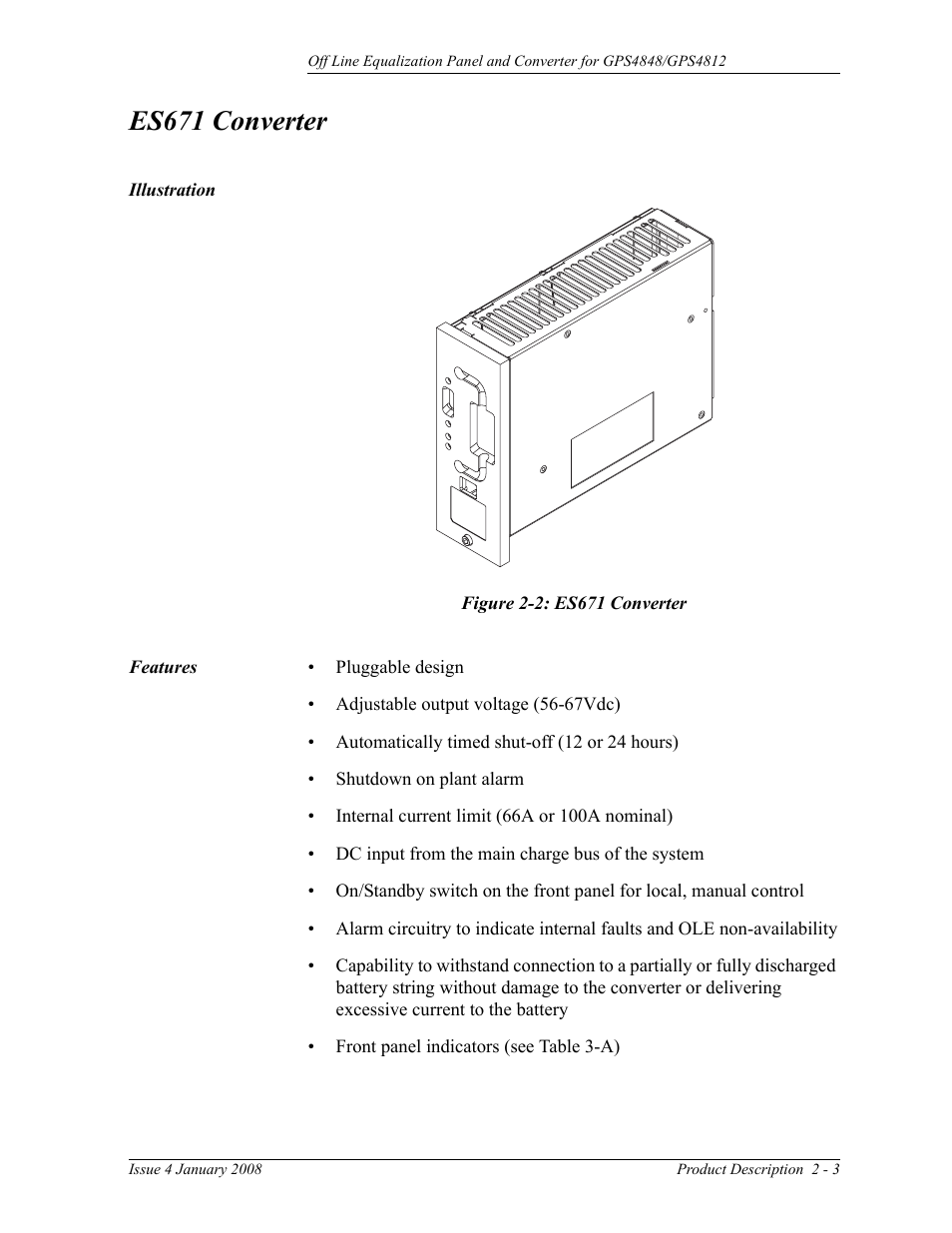 Es671 converter, Illustration, Features | Figure 2-2: es671 converter | GE Industrial Solutions Off Line Equalization (OLE) User Manual | Page 15 / 32