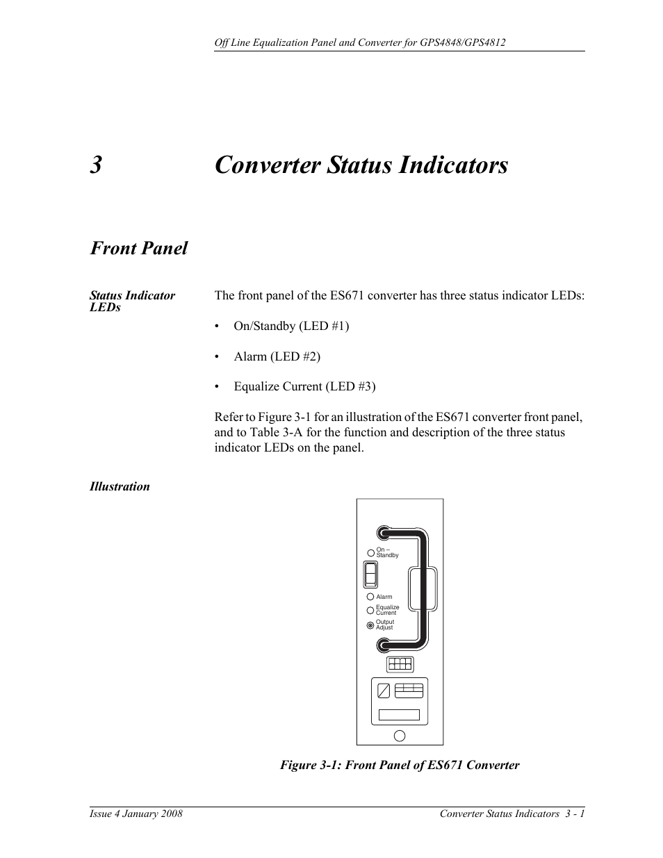 Front panel, Status indicator leds, Illustration | 3 converter status indicators, Figure 3-1: front panel of es671 converter, 3converter status indicators | GE Industrial Solutions Off Line Equalization (OLE) User Manual | Page 17 / 32