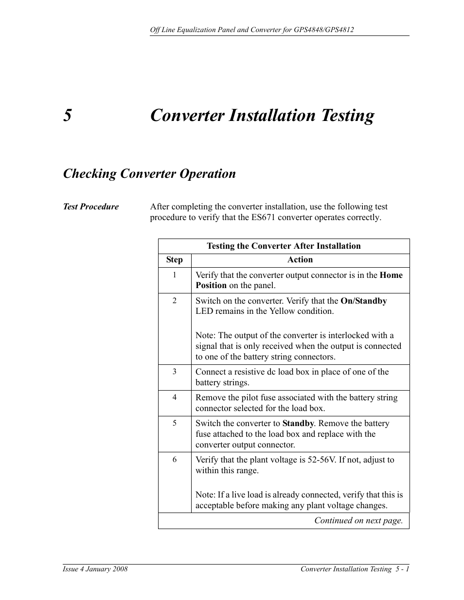 Checking converter operation, Test procedure, 5 converter installation testing | 5converter installation testing | GE Industrial Solutions Off Line Equalization (OLE) User Manual | Page 23 / 32