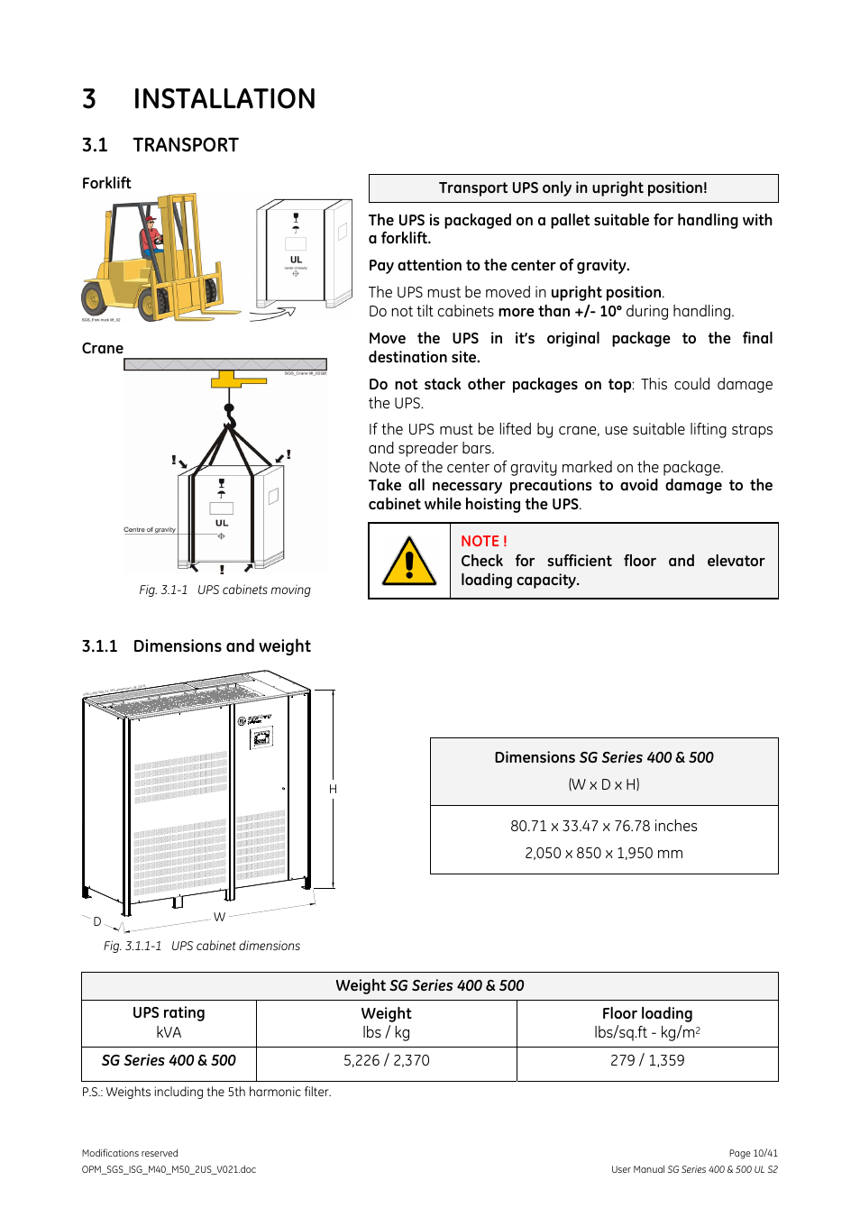3 installation, 1 transport, 1 dimensions and weight | Installation, Transport, Dimensions and weight | GE Industrial Solutions SG Series 400 & 500 Installation Guide User Manual | Page 10 / 41