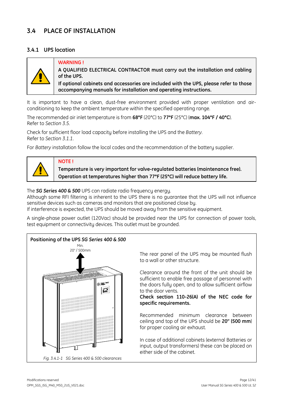 4 place of installation, 1 ups location, Place of installation | Ups location | GE Industrial Solutions SG Series 400 & 500 Installation Guide User Manual | Page 12 / 41