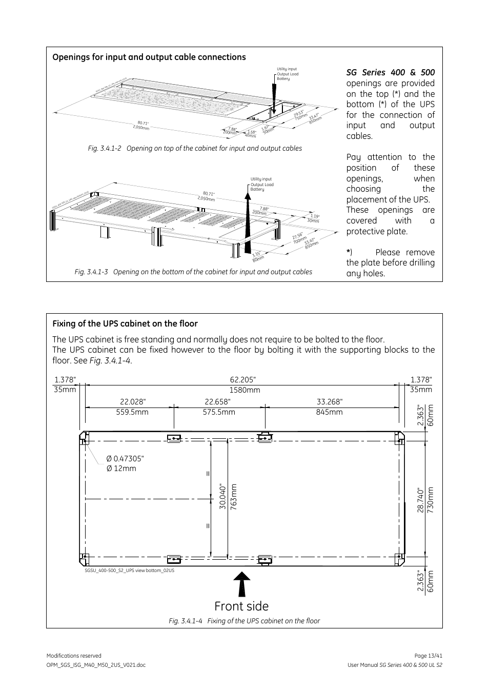 Front side, Openings for input and output cable connections, Please remove the plate before drilling any holes | GE Industrial Solutions SG Series 400 & 500 Installation Guide User Manual | Page 13 / 41