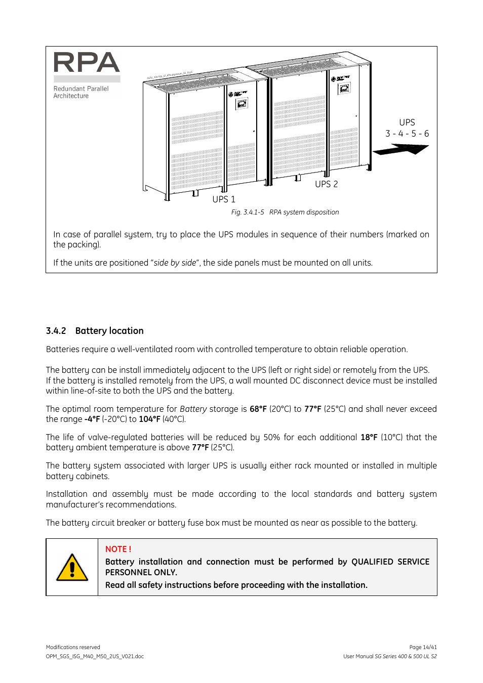 2 battery location, Battery location, Ups 2 | GE Industrial Solutions SG Series 400 & 500 Installation Guide User Manual | Page 14 / 41