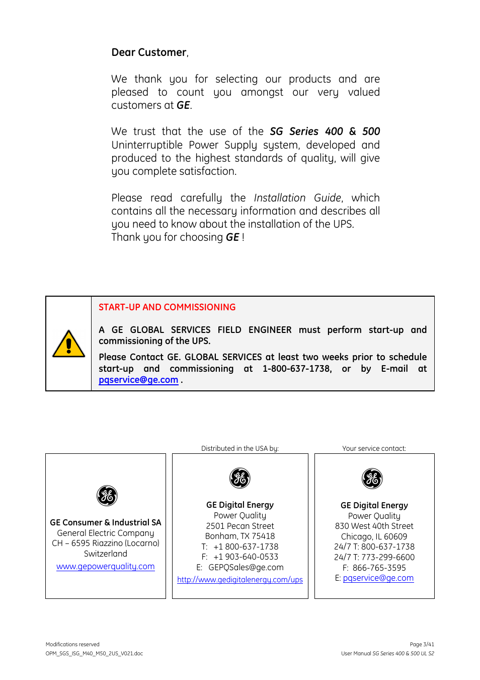 GE Industrial Solutions SG Series 400 & 500 Installation Guide User Manual | Page 3 / 41