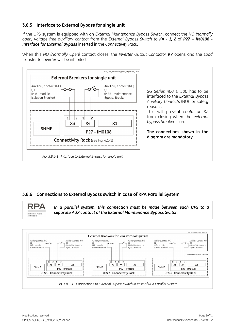5 interface to external bypass for single unit, Interface to external bypass for single unit | GE Industrial Solutions SG Series 400 & 500 Installation Guide User Manual | Page 30 / 41