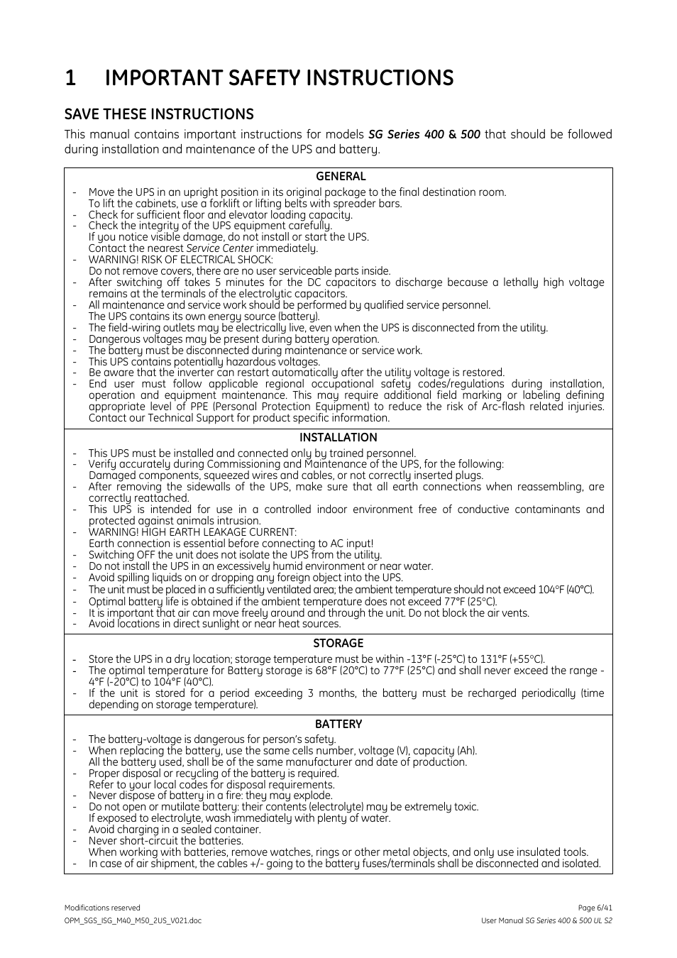 1 important safety instructions, Important safety instructions, Save these instructions | GE Industrial Solutions SG Series 400 & 500 Installation Guide User Manual | Page 6 / 41