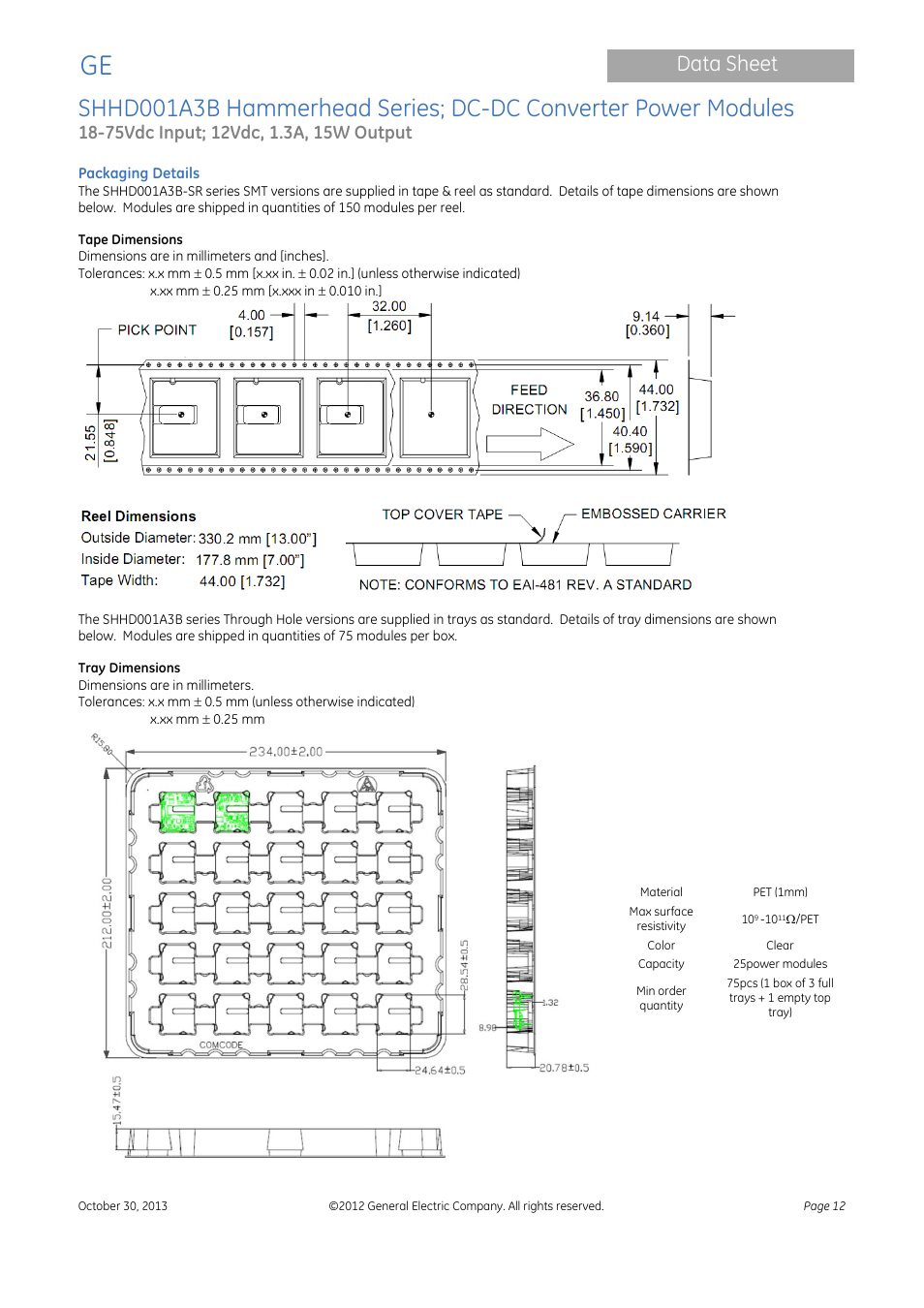 Data sheet | GE Industrial Solutions SHHD001A3B Hammerhead Series User Manual | Page 12 / 15