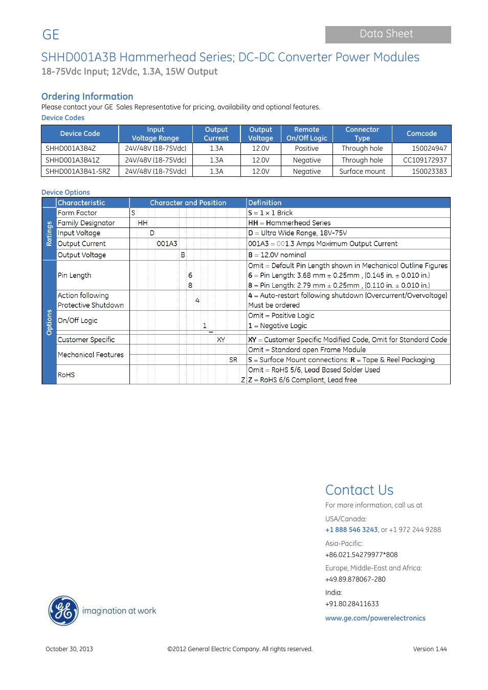 Contact us, Data sheet, Ordering information | GE Industrial Solutions SHHD001A3B Hammerhead Series User Manual | Page 15 / 15