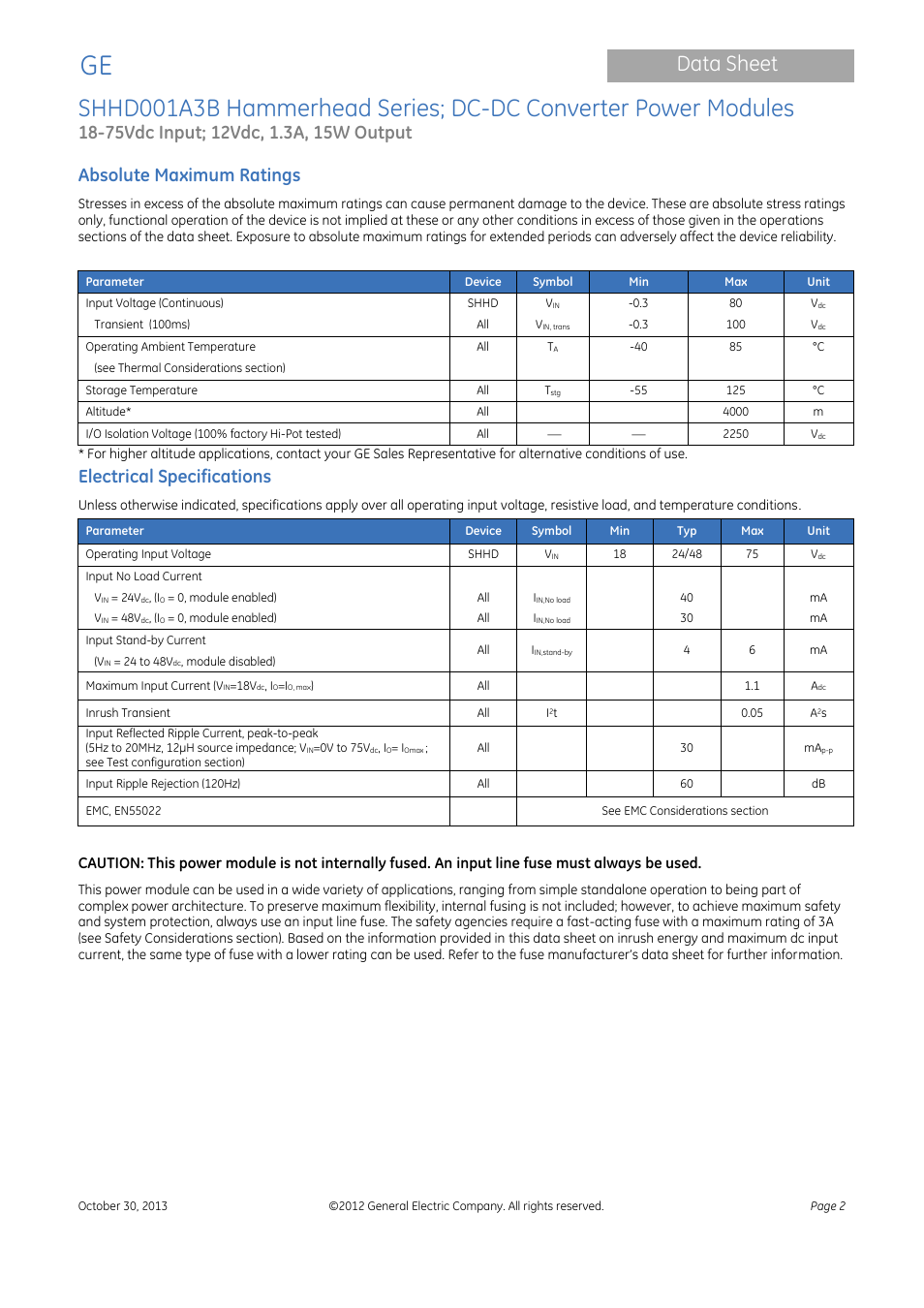 Data sheet, Absolute maximum ratings, Electrical specifications | GE Industrial Solutions SHHD001A3B Hammerhead Series User Manual | Page 2 / 15