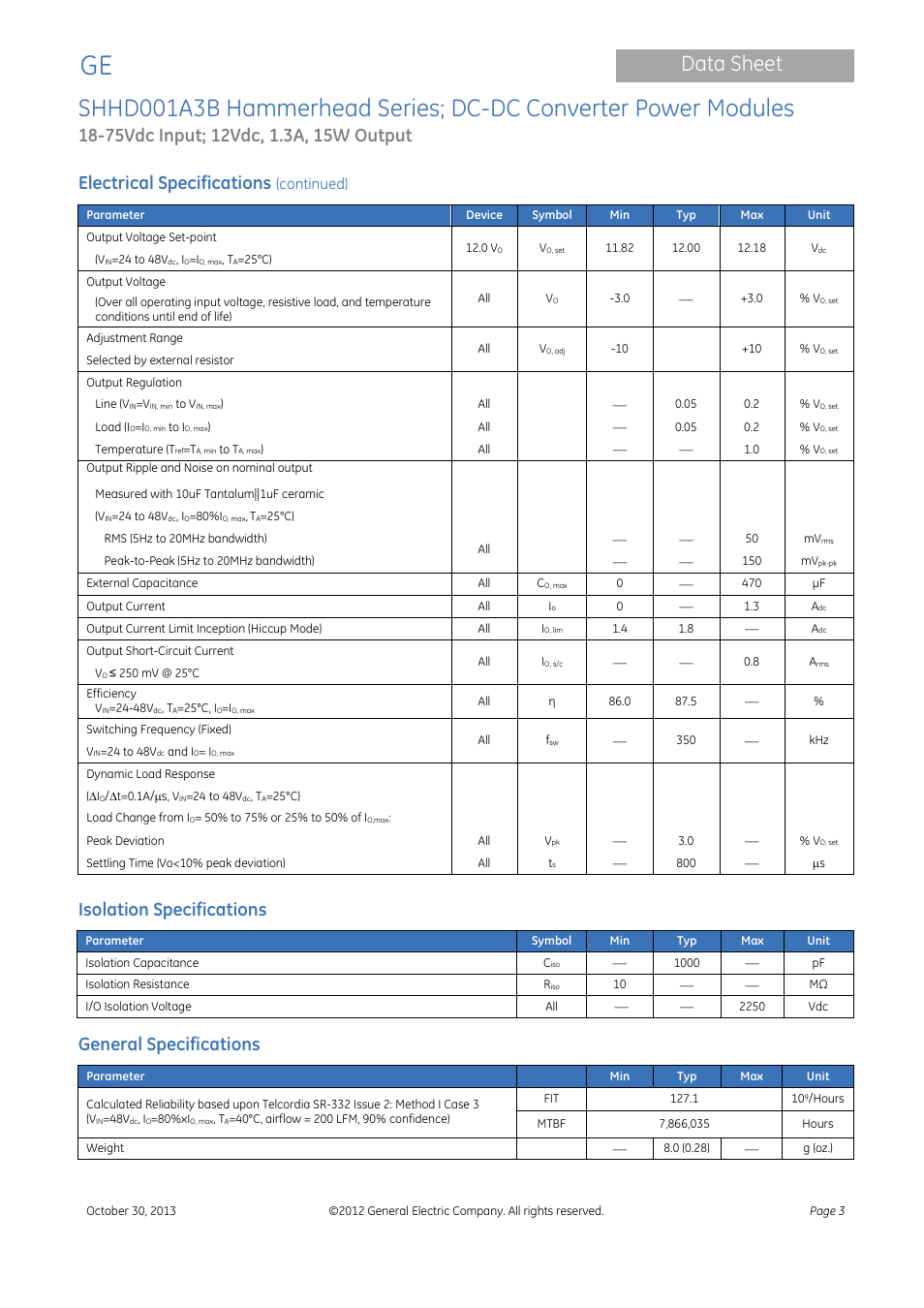 Data sheet, Electrical specifications, Isolation specifications | General specifications | GE Industrial Solutions SHHD001A3B Hammerhead Series User Manual | Page 3 / 15