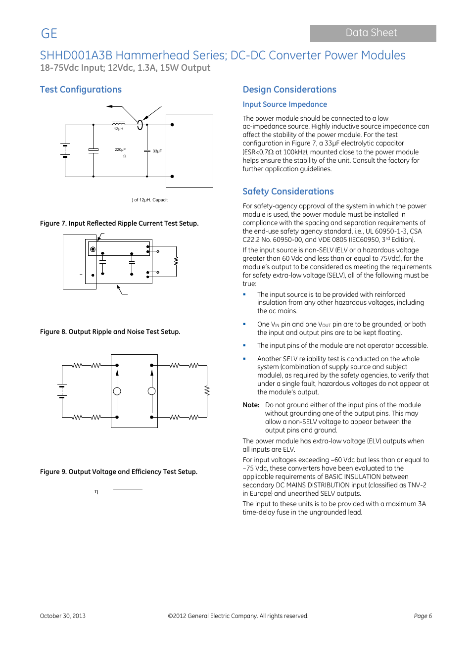 Data sheet, Test configurations, Design considerations | Safety considerations, Input source impedance | GE Industrial Solutions SHHD001A3B Hammerhead Series User Manual | Page 6 / 15