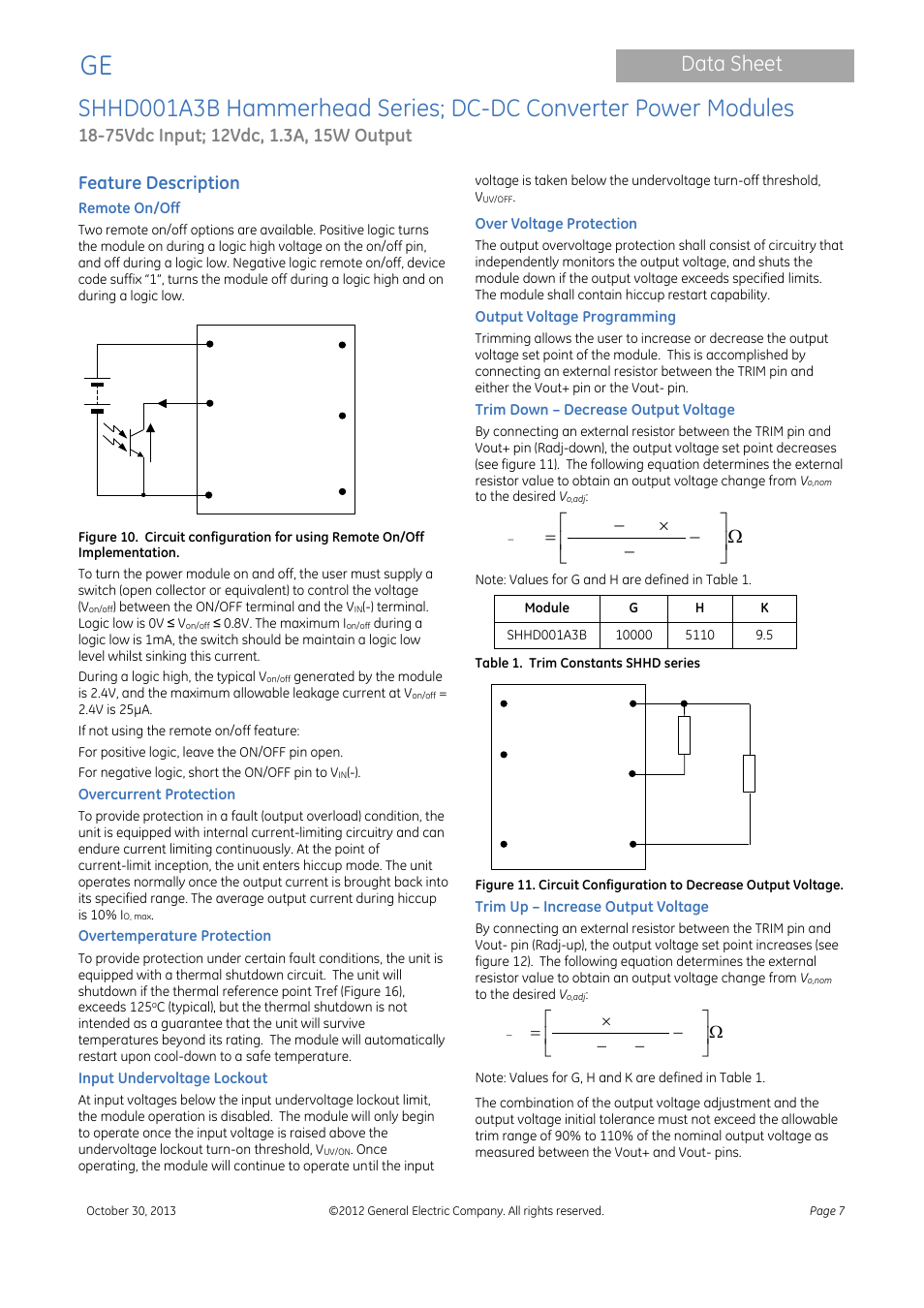 Data sheet, Feature description | GE Industrial Solutions SHHD001A3B Hammerhead Series User Manual | Page 7 / 15