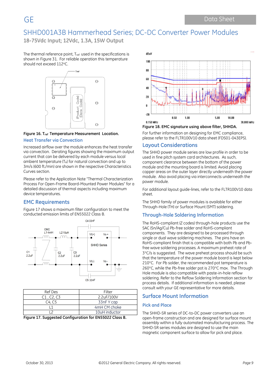 Data sheet, Emc requirements, Layout considerations | Surface mount information | GE Industrial Solutions SHHD001A3B Hammerhead Series User Manual | Page 9 / 15
