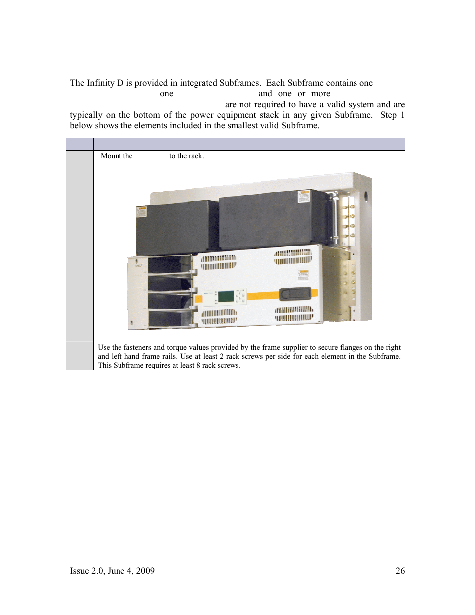 Mount the subframe system to the frame or cabinet | GE Industrial Solutions H2007001 G11 Series User Manual | Page 26 / 94