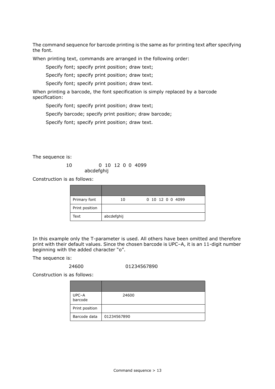 Command sequence, Command examples, Data for text printing | Data for upc-a barcode printing (example 1), Data for upc–a barcode printing (example 1), Ommand, Sequence | Toshiba e-STUDIO222cp User Manual | Page 13 / 16