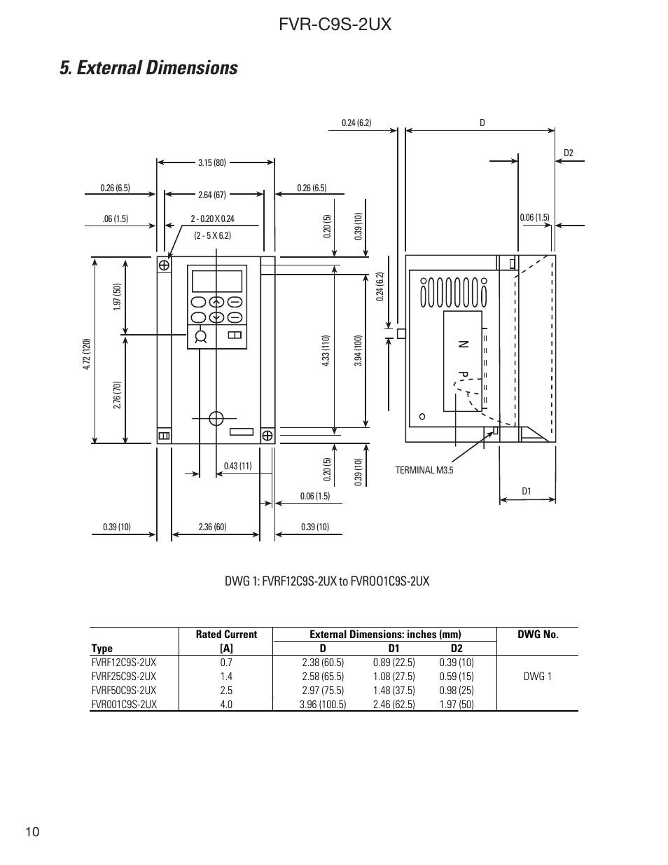External dimensions, Fvr-c9s-2ux | GE Industrial Solutions FVR-C9S-2UX Drive Series User Manual | Page 10 / 40