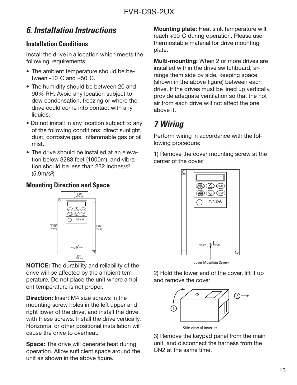 Installation instructions, 7 wiring, Fvr-c9s-2ux | Installation conditions, Mounting direction and space, 9m/s | GE Industrial Solutions FVR-C9S-2UX Drive Series User Manual | Page 13 / 40