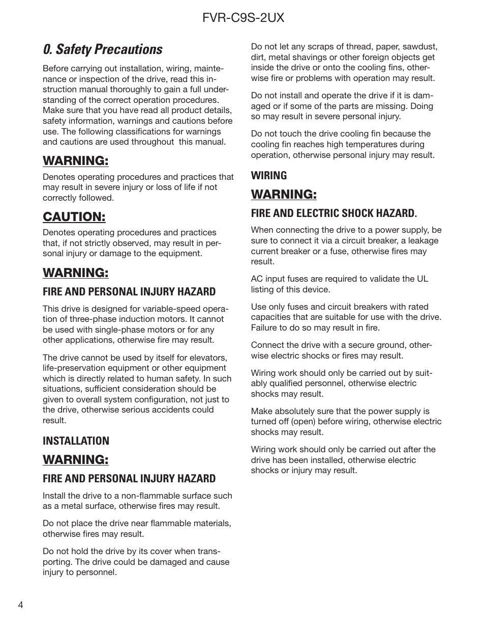 Safety precautions, Fvr-c9s-2ux, Warning | Caution | GE Industrial Solutions FVR-C9S-2UX Drive Series User Manual | Page 4 / 40