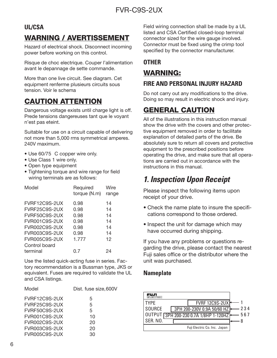 Inspection upon receipt, Fvr-c9s-2ux, Warning / avertissement | Caution attention, Warning, General caution | GE Industrial Solutions FVR-C9S-2UX Drive Series User Manual | Page 6 / 40